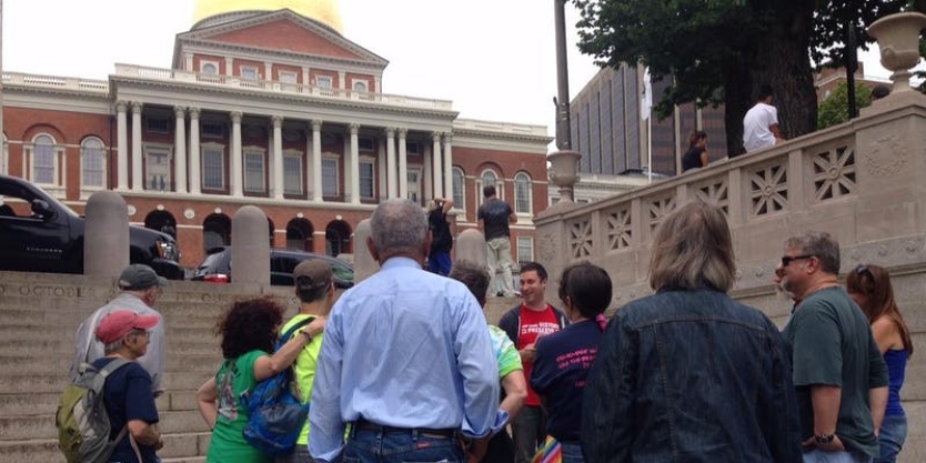 Crowd on a tour outside Massachusetts State House.