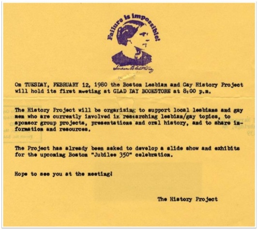 History Project flyer advertising the organization's first meeting on February 12, 1980