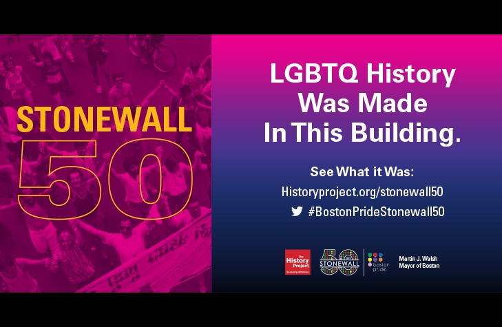 Poster for Stonewall 50 project. Photograph of the 1977 Pride March in Boston by Don C. Hanover III, Gay Community News Photograph Collection. Poster design by Jim Gibson.