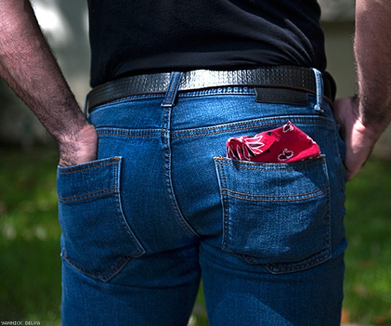 The hanky code initially began with the use of red bandanas.