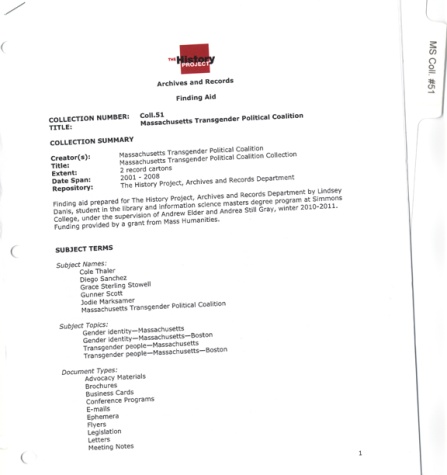 A scan of the Finding Aid for Mass. Transgender Political Coalition 